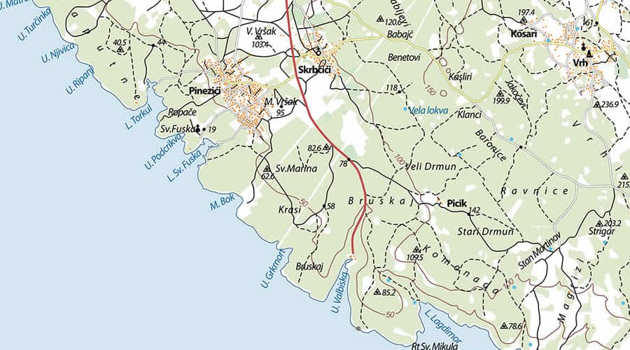 Island Krk topographic map Pinezići